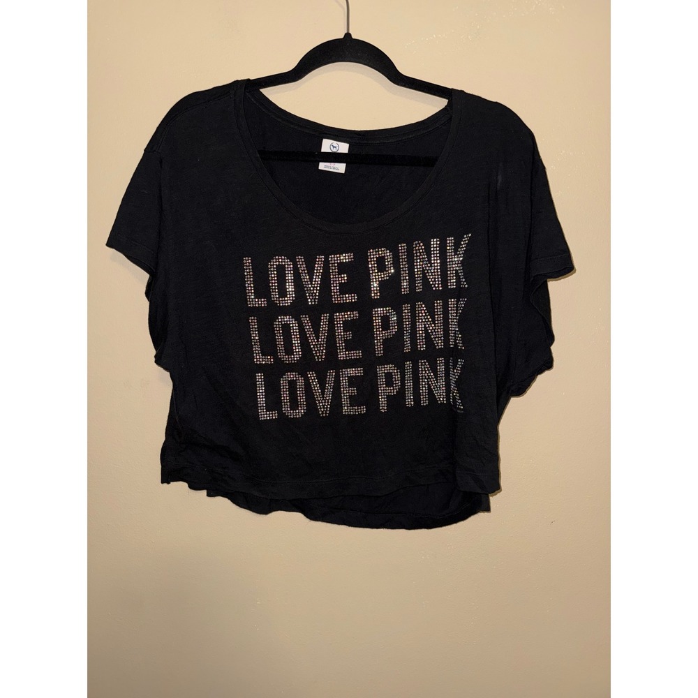 Victoria's Secret PINK Black Rhinestone Love Pink Crop Graphic Tee S Y2k Bling